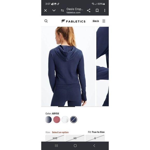 New XS Fabletics Abyss Blue Bailey Cropped Pureluxe Hoodie Jacket Athletic - Picture 2 of 8